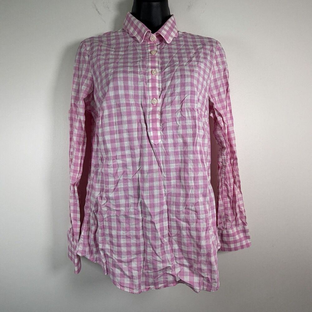 Southern Proper Womens Gingham Popover 1/2 Button Pink White Shirt Small
